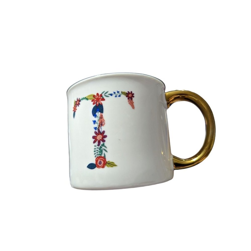 Opal House "T" Floral Initial Monogram Coffee Mug Cup Gold Handle Large